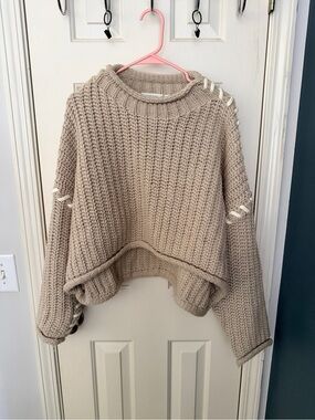 Altar'd State Beige Chunky Cropped Crewneck Sweater with Lace-Up Detail